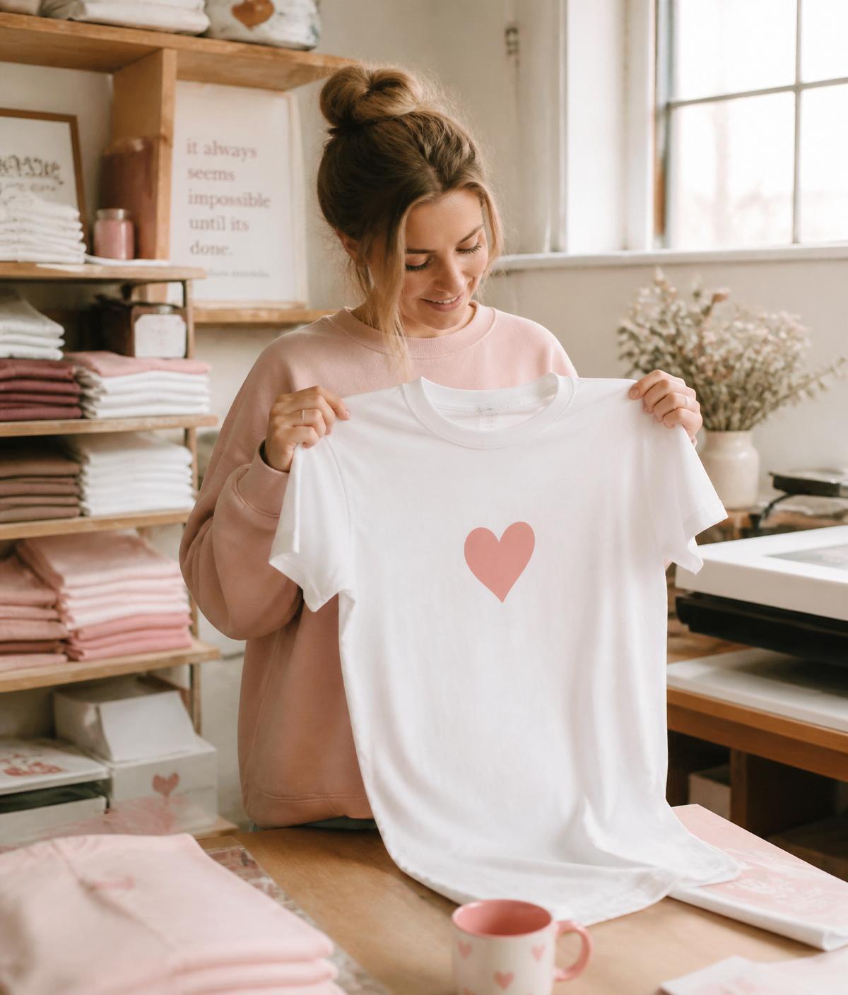 Lauren holding a freshly printed custom heart t-shirt in her Sylvania studio