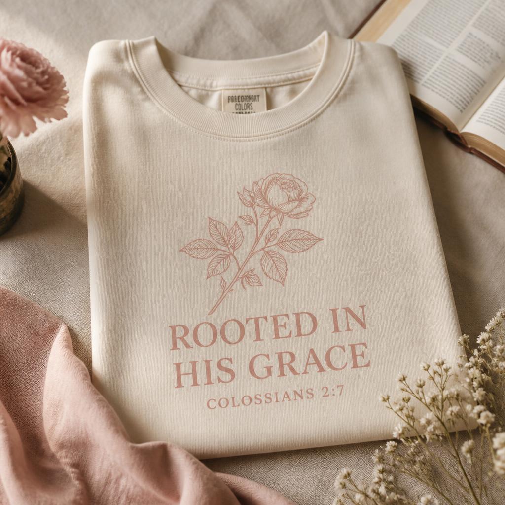 Folded cream custom t-shirt with rose pink botanical print