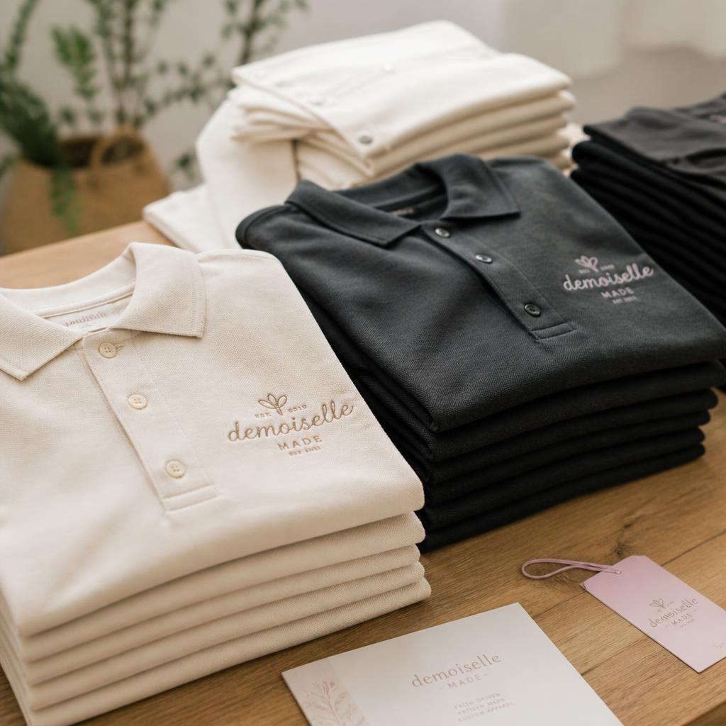 Stacked cream and charcoal branded corporate polo shirts on wooden table