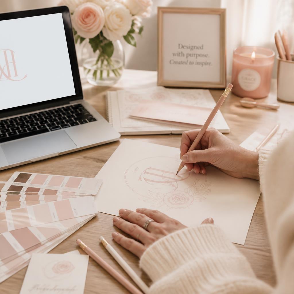 Designer's hands sketching a rose logo beside color swatches and laptop