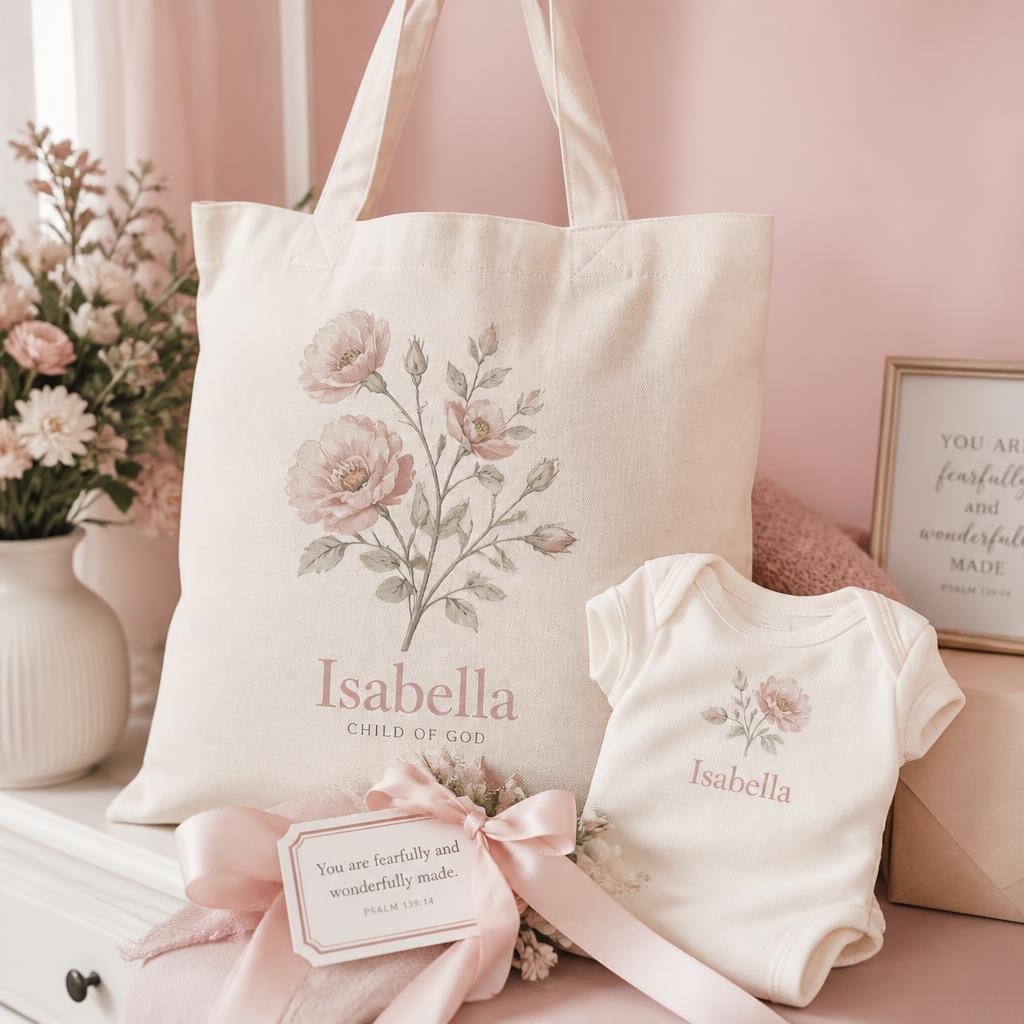 Personalized cream canvas tote and baby onesie with rose botanical design