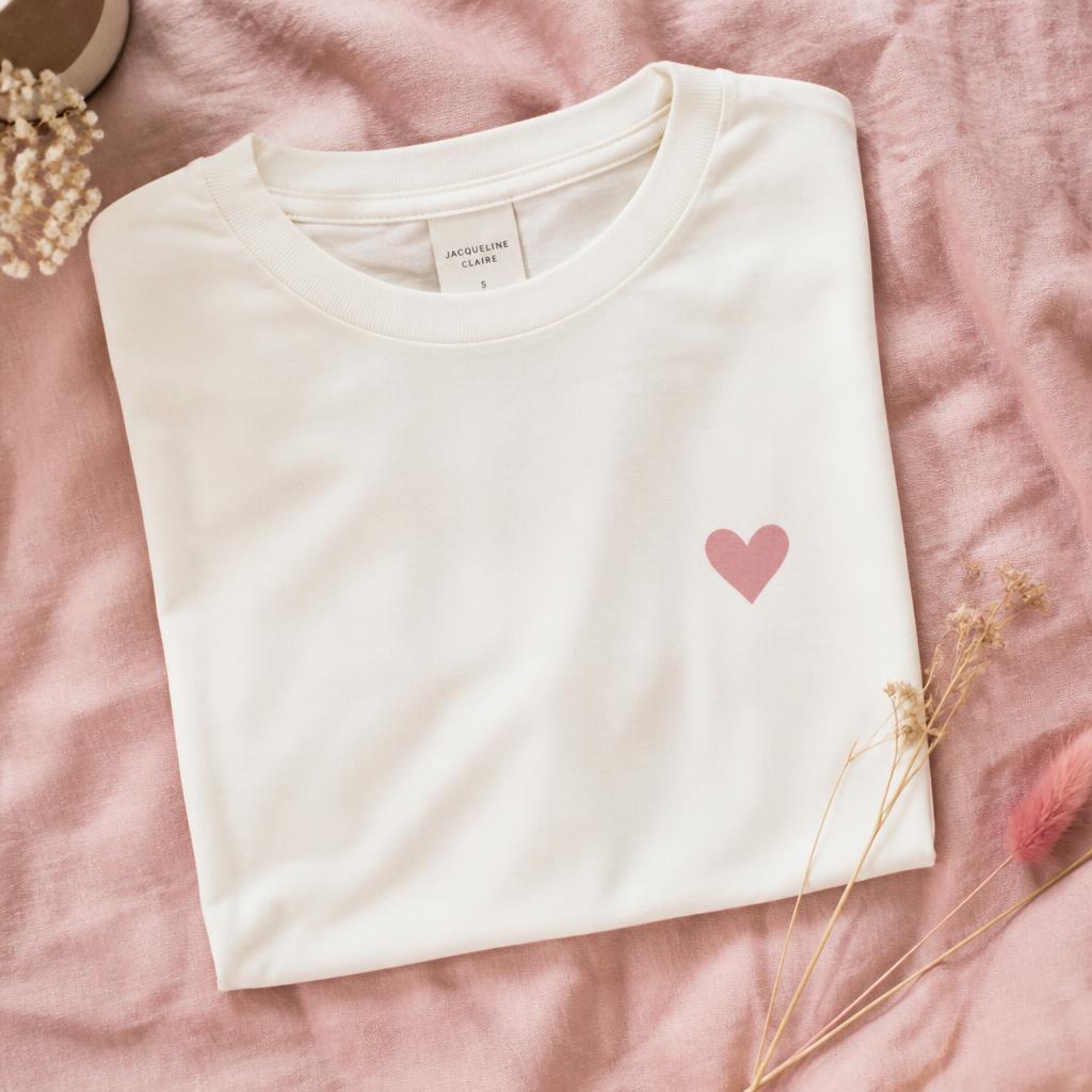 Folded cream tee with rose pink heart print
