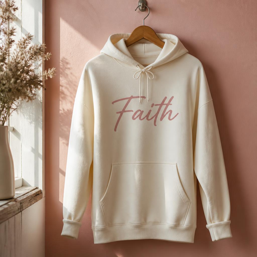 Cream hoodie with rose faith script on a blush wall