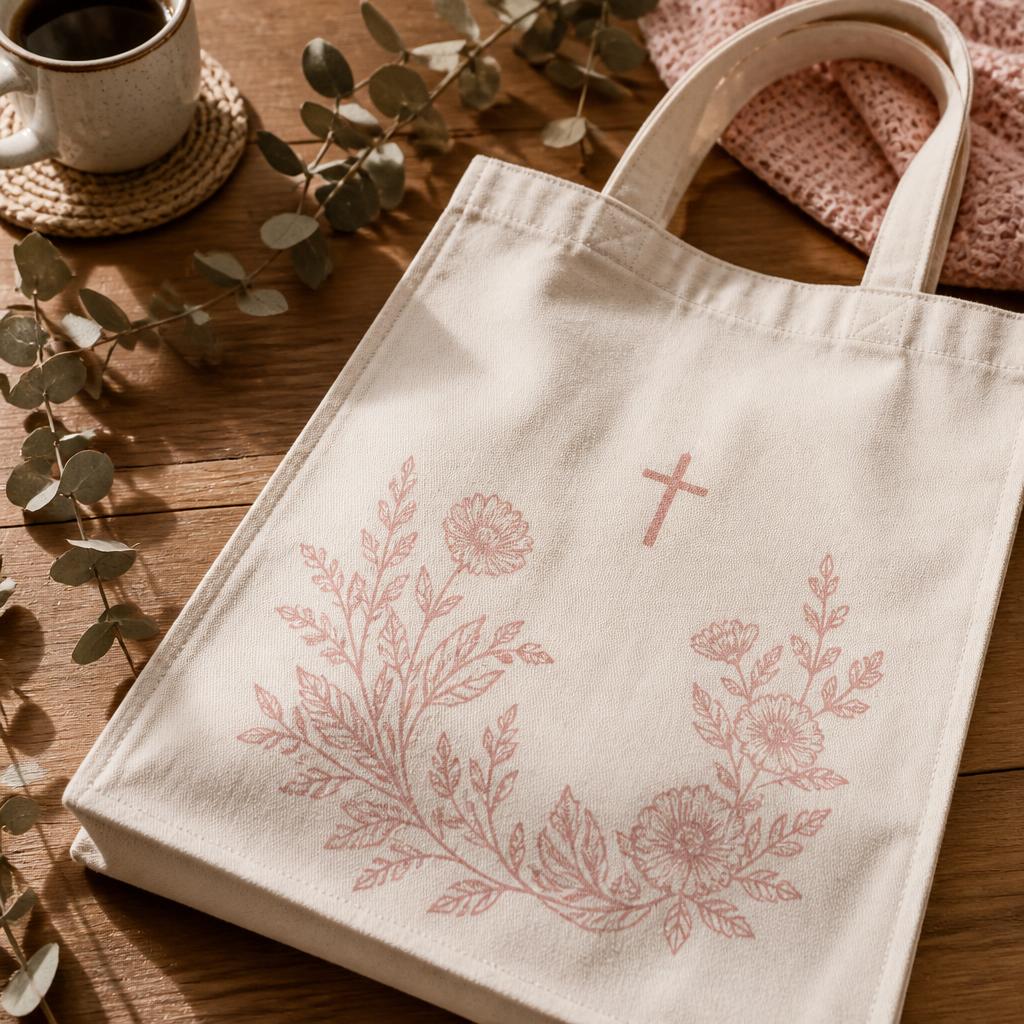Canvas tote with rose botanical print and cross