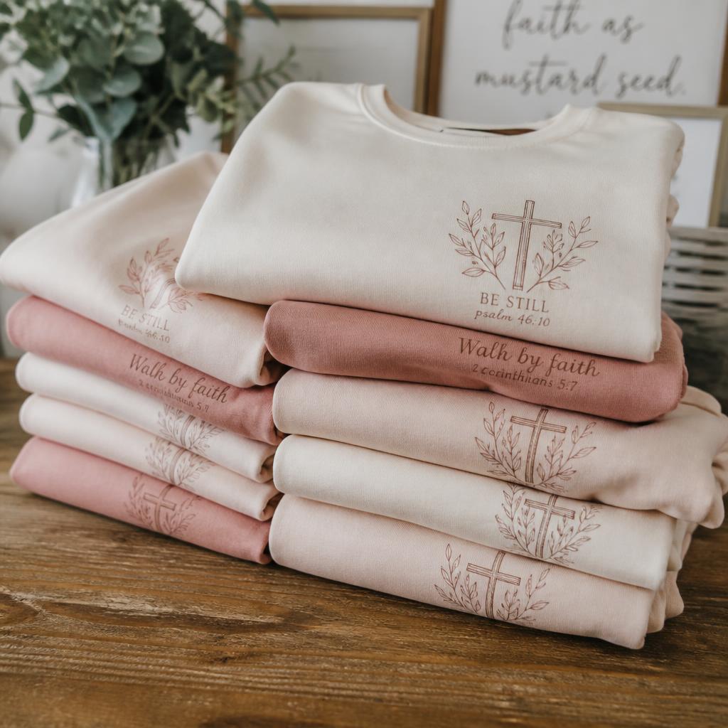 Stack of custom church group sweatshirts
