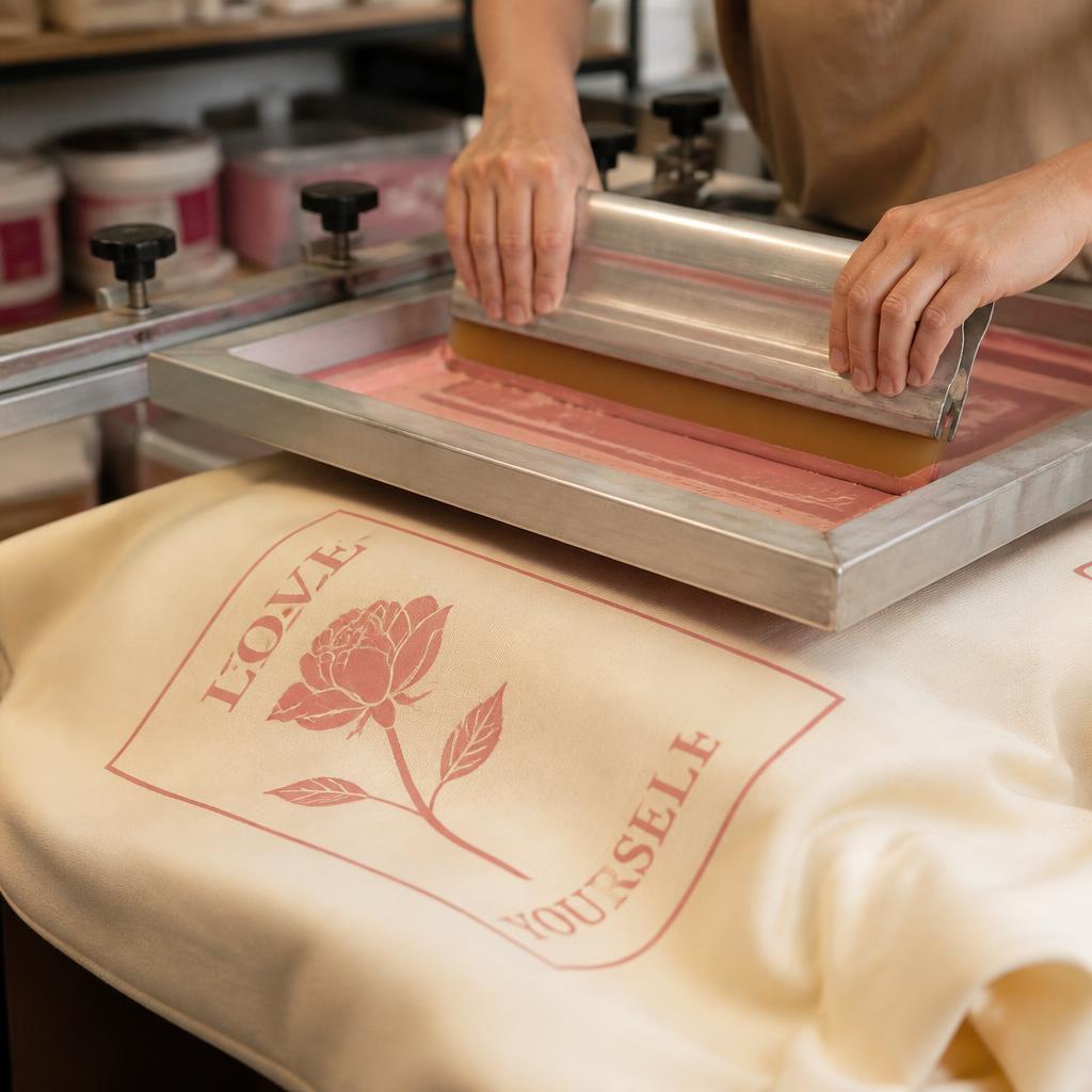 Hands screen printing a rose design onto a cream shirt