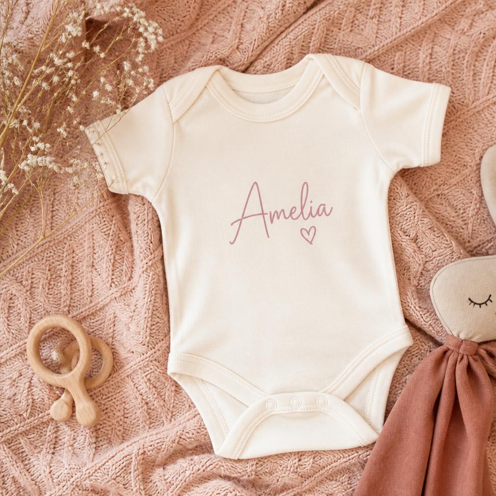 Cream personalized baby onesie on a blush blanket