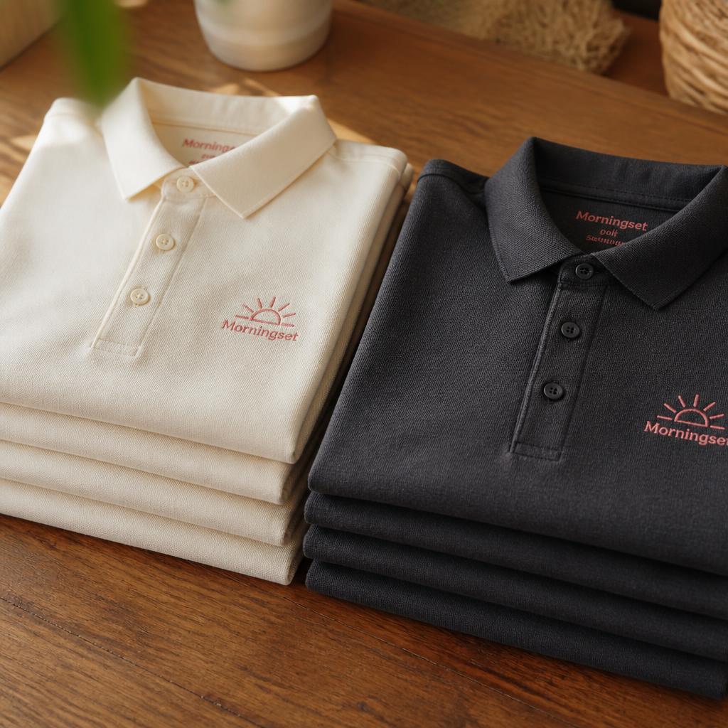 Cream and charcoal branded polo shirts stacked